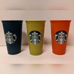 Starbucks Colorful Plastic Reusable Travel Cups 16 Oz Mugs Set Of 3 NO LIDS